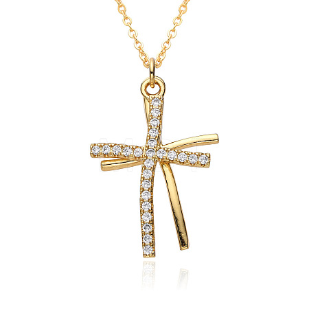 Brass Micro Pave Clear Cubic Zirconia Double Cross Pendant Necklaces FS-WG8523C-02-1