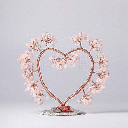 Natural Rose Quartz Chips Love Heart Tree Decorations DJEW-P017-B04-1