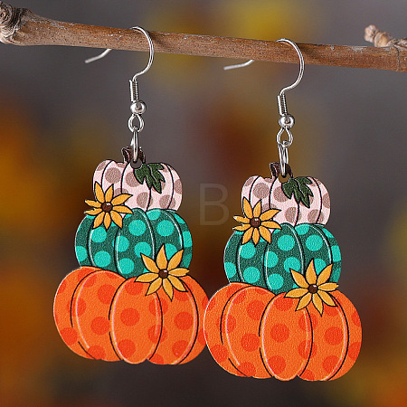 Thanksgiving Day Pumpkin Stainless Steel Wood Dangle Earrings FS-WG285B1-02-1