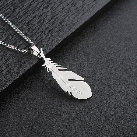 304 Stainless Steel Feather Pendant Box Chain Necklaces for Men WGE9FDE-01-1
