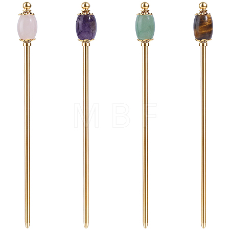 4Pcs Natural Tiger Eye & Natural Green Aventurine & Natural Amethyst & Natural Rose Quartz & Brass Hair Sticks OHAR-ME00002-1