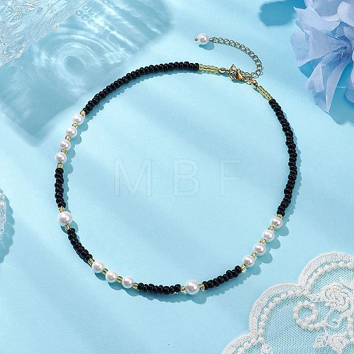 Shell Pearl Bead & Glass Seed Beads Beaded Necklaces for Women NJEW-MZ00073-02-1