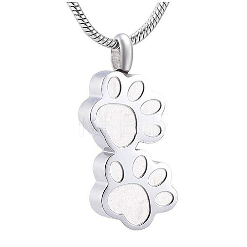 Non-Tarnish Stainless Steel Double Paw Print Urn Ashes Pendant Necklace BOTT-PW0002-032S-1