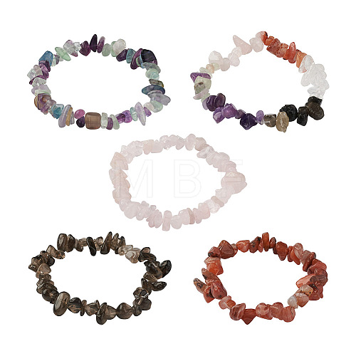 Fashewelry 5Pcs 5 Style Natural Mixed Stone Chip Beads Stretch Bracelets for Women BJEW-FW0001-03-1