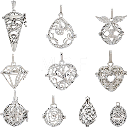 SUNNYCLUE 10Pcs 10 Styles Hollow Brass Cage Pendants KK-SC0004-29-1