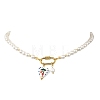 2Pcs 2 Colors Handmade Printed Floral Porcelain Heart & 304 Stainless Steel Pendant Round White Shell Pearl Beaded Necklaces for Women NJEW-JN06391-5