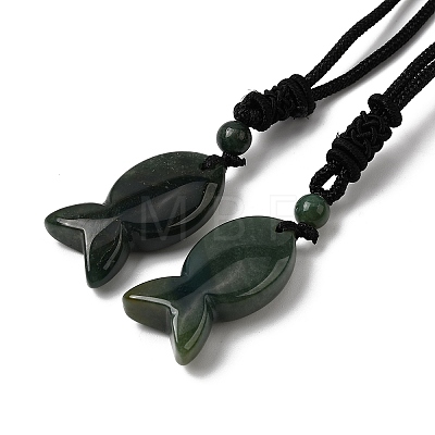 Natural Moss Agate Fish Pendant Black Nylon Cord Necklaces NJEW-G185-01F-1