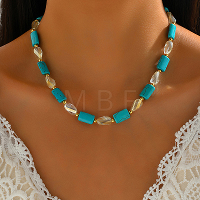 Bohemian Style Handmade Rectangle Synthetic Turquoise & Faceted Teardrop Glass Beaded Necklaces for Women's Date Gift TF2748-1
