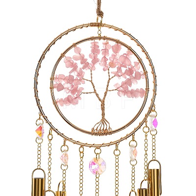 Wire Wrapped Natural Rose Quartz Chips Tree of Life Wind Chime HJEW-G028-04A-1