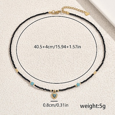 Vintage Stainless Steel Pave Synthetic Turquoise Heart Pendant Glass Faceted Round Beaded Necklaces for Women UN1640-1