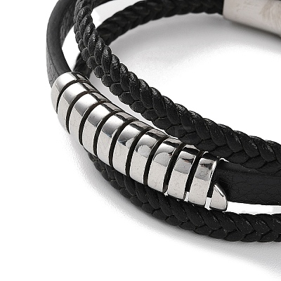 Men's Braided Black PU Leather Cord Multi-Strand Bracelets BJEW-K243-03P-1