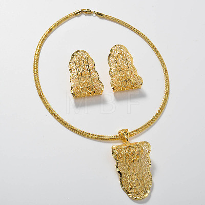 Brass Hollow Leaf Pendant Necklaces & Stud Earrings Sets for Women FS-WG489B7-01-1