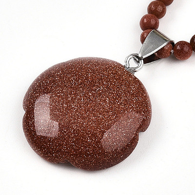 Synthetic Goldstone 4.5mm Round Beaded Flower Pendant Necklaces NJEW-T016-04J-1