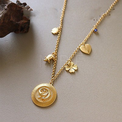 Brass Micro Pave Clear Cubic Zirconia Coin Clover Heart Multi Pendant Necklaces for Women WG98C8B-01-1