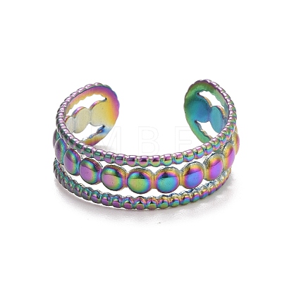 Ion Plating(IP) Rainbow Color  304 Stainless Steel Triple Line Open Cuff Ring for Women RJEW-C025-07M-1