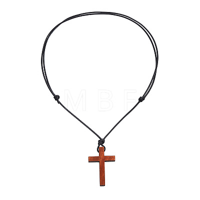 Adjustable Wood Religion Cross Pendant Black Waxed Cord Necklaces for Women Men FS-WGC7380-01-1