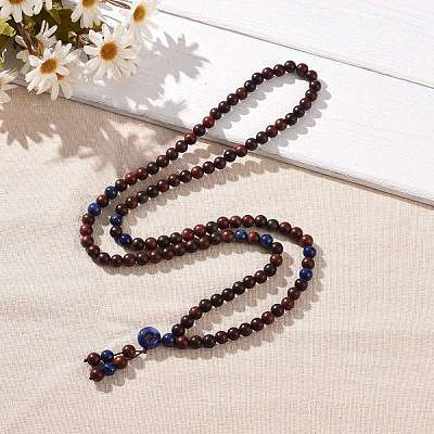 Wood & Lapis Lazuli Beads Necklaces NJEW-JN04134-1