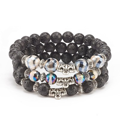 3Pcs 3 Style Natural Lava Rock & Tibetan Agate Stretch Bracelet with Alloy Tube Beaded BJEW-JB08322-1