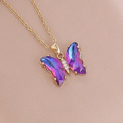 Fashionable Gradient Butterfly Alloy Glass Pendant Necklace LK8571-2-1