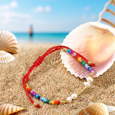 Glass Seed Beads & Imitation Pearl Round Beads Braided Bead Bracelets MR3840-1