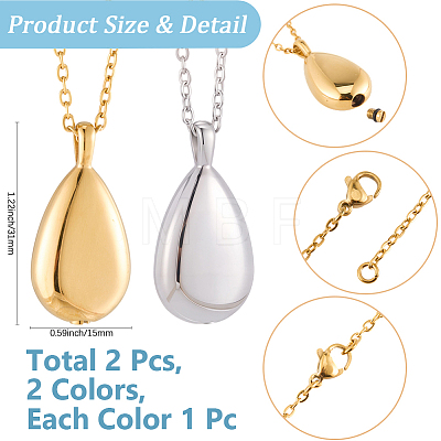 2Pcs 2 Colors 201 Stainless Steel Teardrop Memorial Urn Ashes Pendant Necklaces NJEW-CN0001-21-1