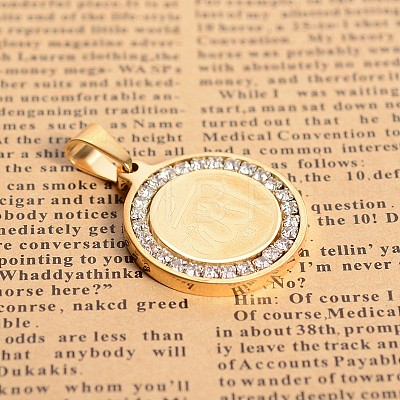 304 Stainless Steel Crystal Rhinestone Flat Round with Allah Pendants STAS-E093-16G-1