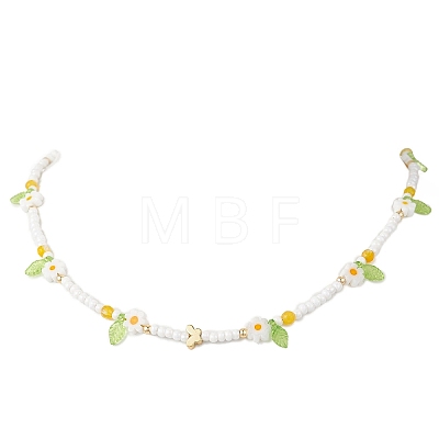 Faceted Round Dyed Natural Agate & Flower Handmade Millefiori Glass & Glass Seed Beaded Necklaces for Women NJEW-MZ00150-02-1