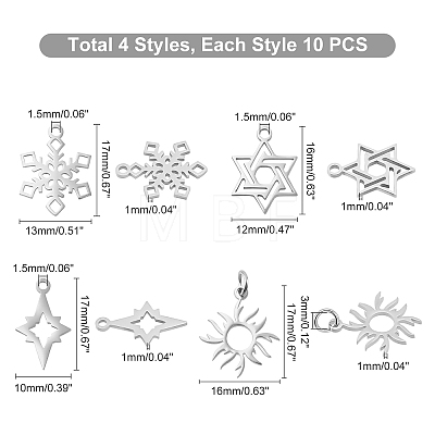 40Pcs 4 Style 201 Stainless Steel Pendants STAS-DC0006-44-1