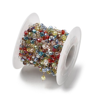 Handmade 304 Stainless Steel Chains with Faceted Rondelle Glass Beads CHS-K020-17G-1