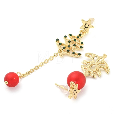 Christmas Tree & Round Alloy & Acrylic Beaded Dangle Stud Earrings for Women EJEW-G406-02G-1