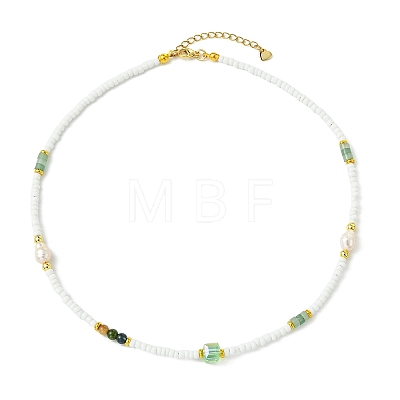Natural Green Aventurine Heishi Beads & Rice Natural Pearl & Glass Seed Beaded Necklaces NJEW-JN06249-01-1