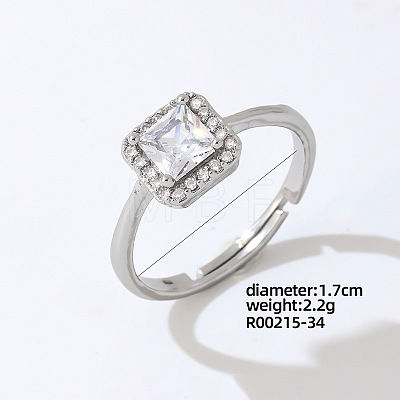 Rectangle Platinum Brass Adjustable Ring with Cubic Zirconia EG7863-28-1