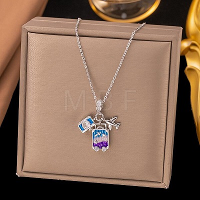 Airplane & Camera & Trunk 304 Stainless Steel Micro Pave Clear Cubic Zirconia Pendant Necklaces FS-WG81D22-02-1