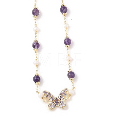 Natural Amethyst & Pearl Beaded Necklaces NJEW-L119-11G-1