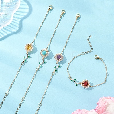 4Pcs 4 Styles Brass Micro Pave Cubic Zirconia & Shell Pearl Beads & Natural & Synthetic Mixed Gemstone Beaded Link Bracelets BJEW-TA00712-1