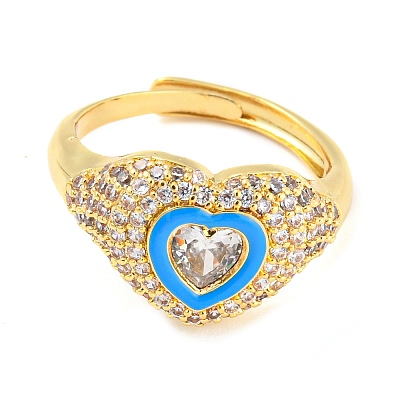 Enamel Heart Adjustable Ring with Clear Cubic Zirconia RJEW-Q781-01G-02-1