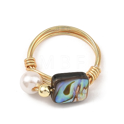 Eco-Friendly Copper Wire with Natural Abalone Shell/Paua Shell Finger Rings RJEW-JR01086-01-1