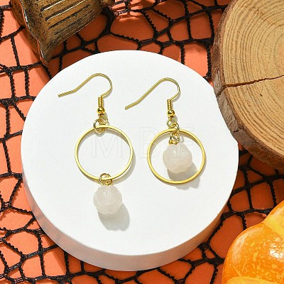 Natural White Jade Pumpkin with Ring Dangle Earrings EJEW-JE05509-02-1