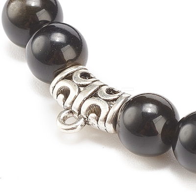 Natural Golden Sheen Obsidian Stretch Bracelet with Alloy Beads BJEW-JB08017-02-1