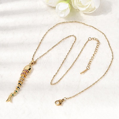 201 Stainless Steel Pave Colorful Cubic Zirconia Fish Bone Pendant Necklaces for Women NJEW-C111-02A-G-1