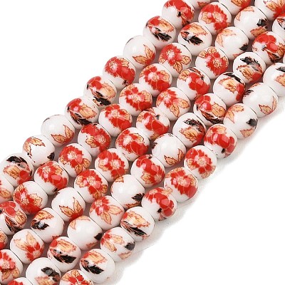Handmade Flower Printed Porcelain Ceramic Beads Strands PORC-M005-6mm-06-1