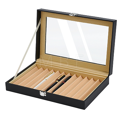 Black PU Leather Pen Organizer Boxes with Clear Glass Visible Window Lid CON-WH0107-129A-1