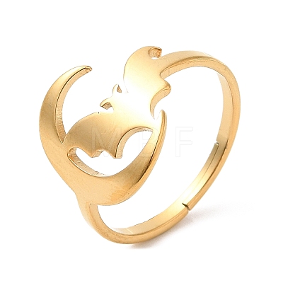 Ion Plating(IP) 304 Stainless Steel Moon with Bat Adjustable Ring for Women RJEW-M149-04G-1