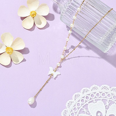 Natural Pearl & 304 Stainless Steel Satellite Chain Y Lariat Necklaces NJEW-JN06061-1