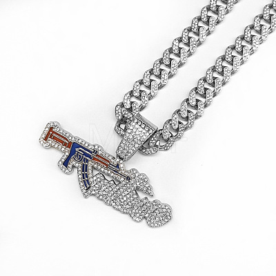 Hiphop Style Zinc Alloy Full Crystal Rhinestone Enamel Gun Shaped Pendant Cuban Link Chain Necklaces for Men WG2EDE4-02-1