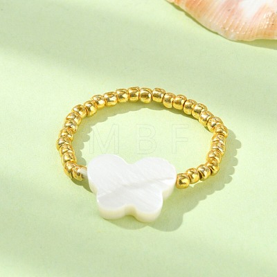 Natural Shell & TOHO Round Seed Braided Bead Style Finger Ring RJEW-JR00599-03-1