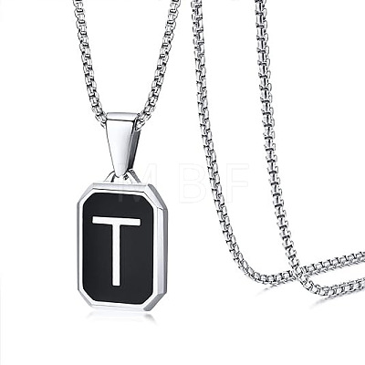 304 Stainless Steel Black Enamel Rectangle with Initial Pendant Box Chain Necklaces WG7737E-01-1