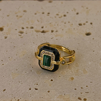 Brass Alloy & Clear Cubic Zirconia & Synthetic Malachite & Natural Black Agate Finger Rings FS-WG4BC4E-01-1