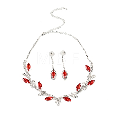 Leaf Brass Rhinestone Stud Dangle Earrings & Pendant Necklaces Set for Women SJEW-M102-03S-01-1