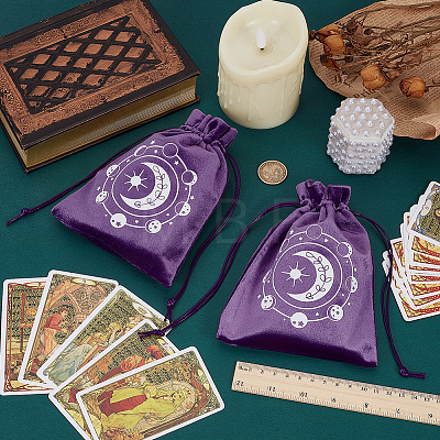 2Pcs Moon Printed Velvet Drawstring Storage Bags for Tarot Card ABAG-CN0001-79A-1